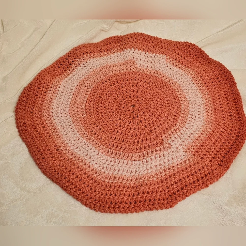 Handmade Crochet Round Pet Bed Or Kennel Rug In Salmon And Pink Ombre